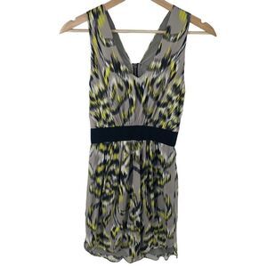 Milly of New York silk V-neck Ikat Print Mini Dress Size 0 gray yellow black